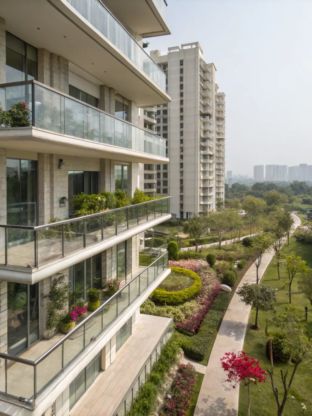 An image showcasing the exterior of Sanjeevni Adwaith apartments, highlighting the modern architecture, landscaped gardens, and convenient parking facilities.